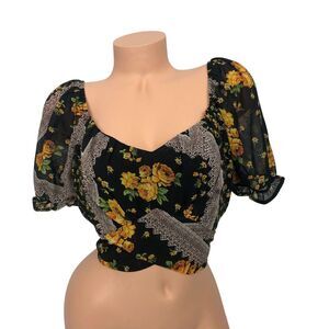 PEACH Multicolor Floral Print V-Neck Crop Top Size L Boho‎ Witchy Fairy Grunge